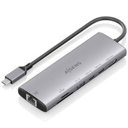AISENS USB-C Dock 7 en 1 con HDMI 4K, RJ45, USB-A 10G, 2xUSB-C 10G y lectores de tarjetas, Gris